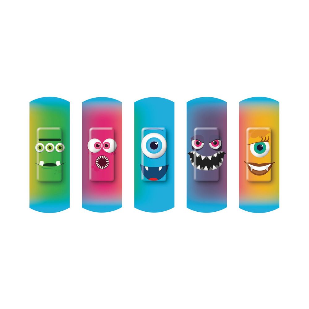 Fünf Pflaster mit Monster-Designs. Verschiedene Farben und Gesichter. Blaue, grüne, rosa, violette und gelbe Farbtöne.