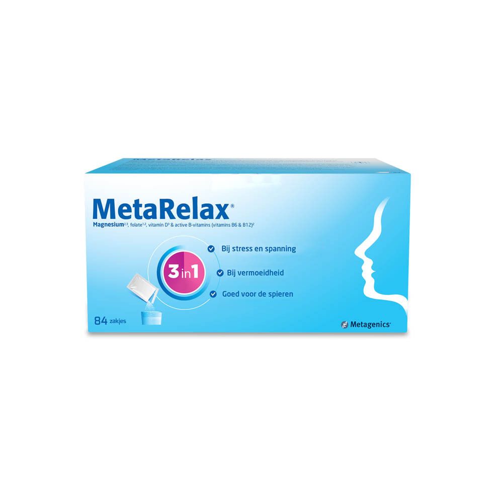 MetaRelax®-Verpackung mit 84 Sachets. Enthält Magnesium, Folsäure, Vitamin D & B-Vitamine.