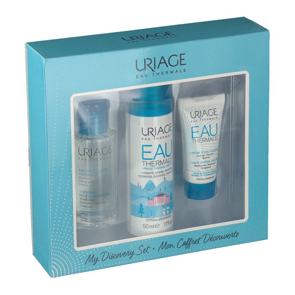 Coffret bleu clair avec trois produits Uriage. Fenêtre montrant flacons et tube. Inscription Uriage Eau Thermale.