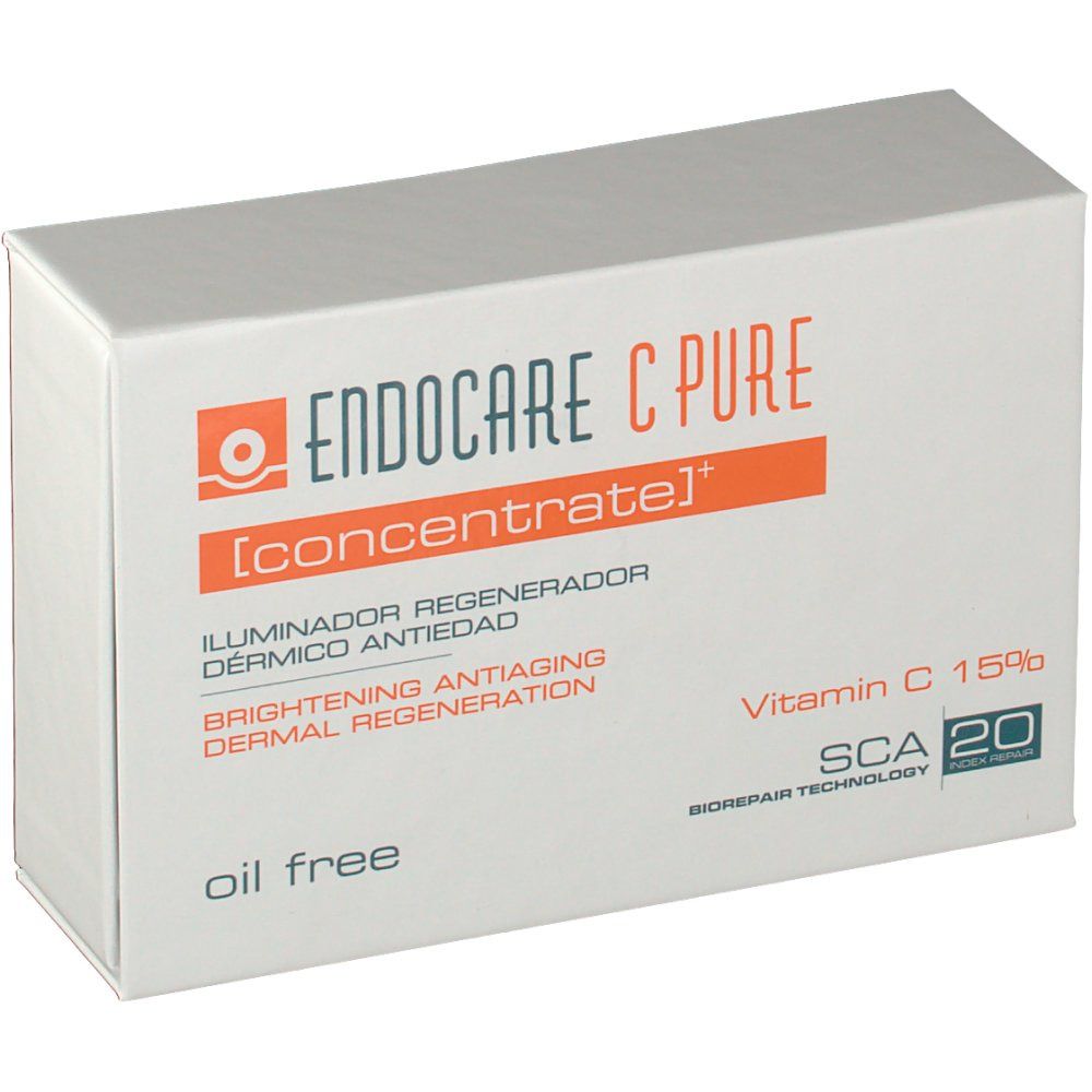 Weiße Schachtel mit orangefarbenem Streifen. Aufschrift: Endocare C Pure Concentrate, Vitamin C 15%, SCA 20.