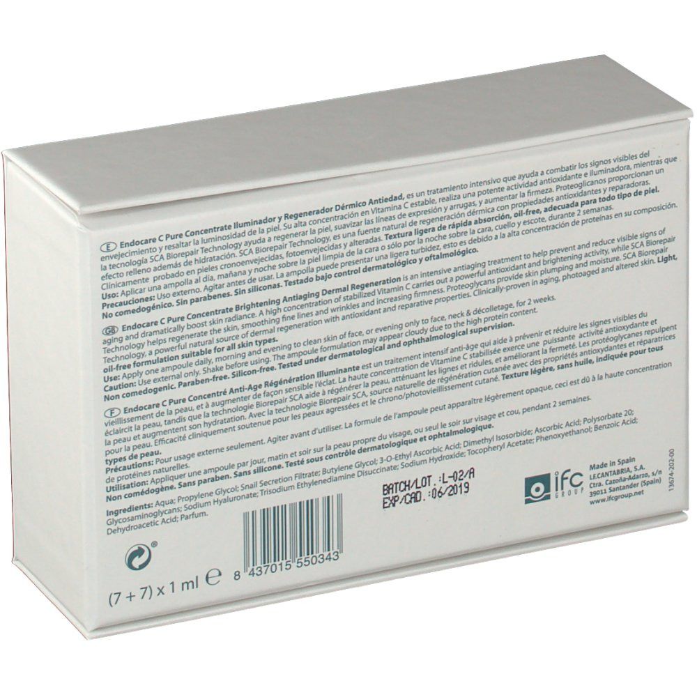 Rückseite der weißen Schachtel. Text in mehreren Sprachen. Barcode, Chargennummer, Verfallsdatum.