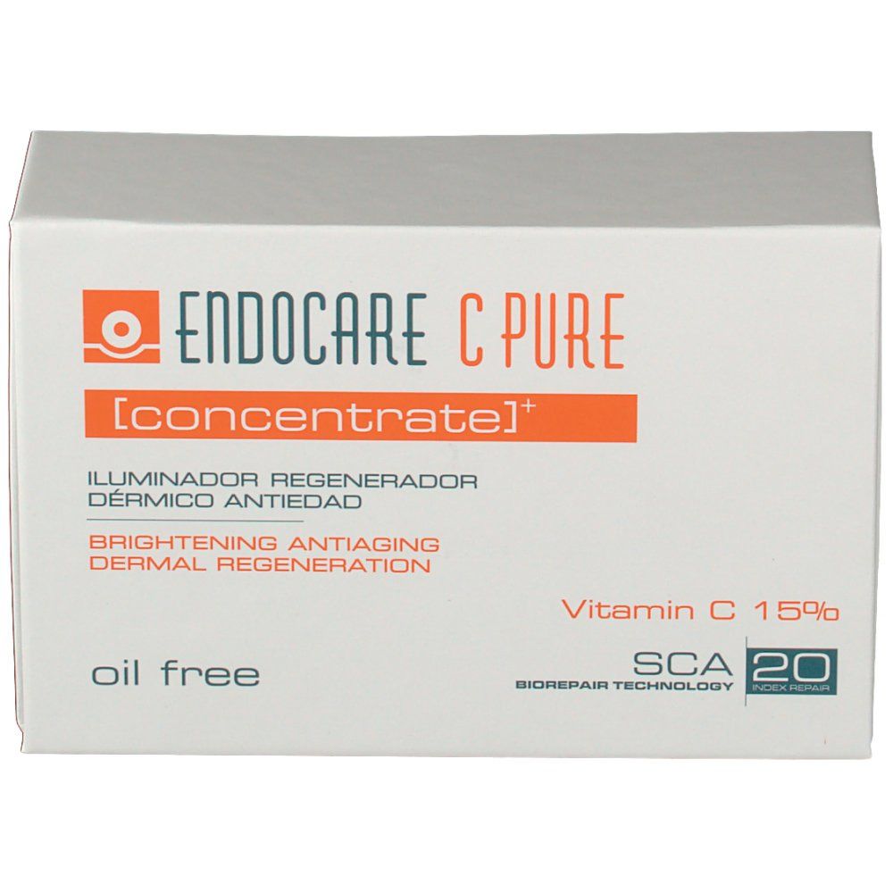 Weiße Schachtel mit orangefarbenem Streifen. Aufschrift: Endocare C Pure Concentrate, Vitamin C 15%, SCA 20.