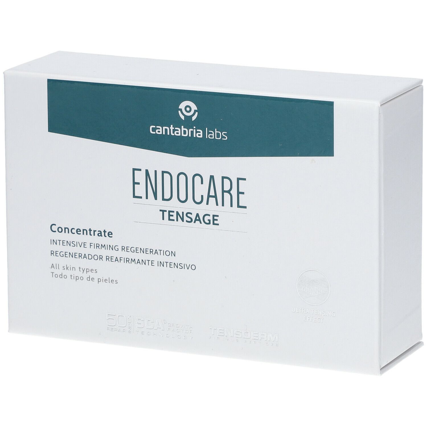 Weiße Schachtel mit blaugrünem Streifen. Auf der Schachtel steht "ENDOCARE tensage Concentrate" und "cantabria labs".
