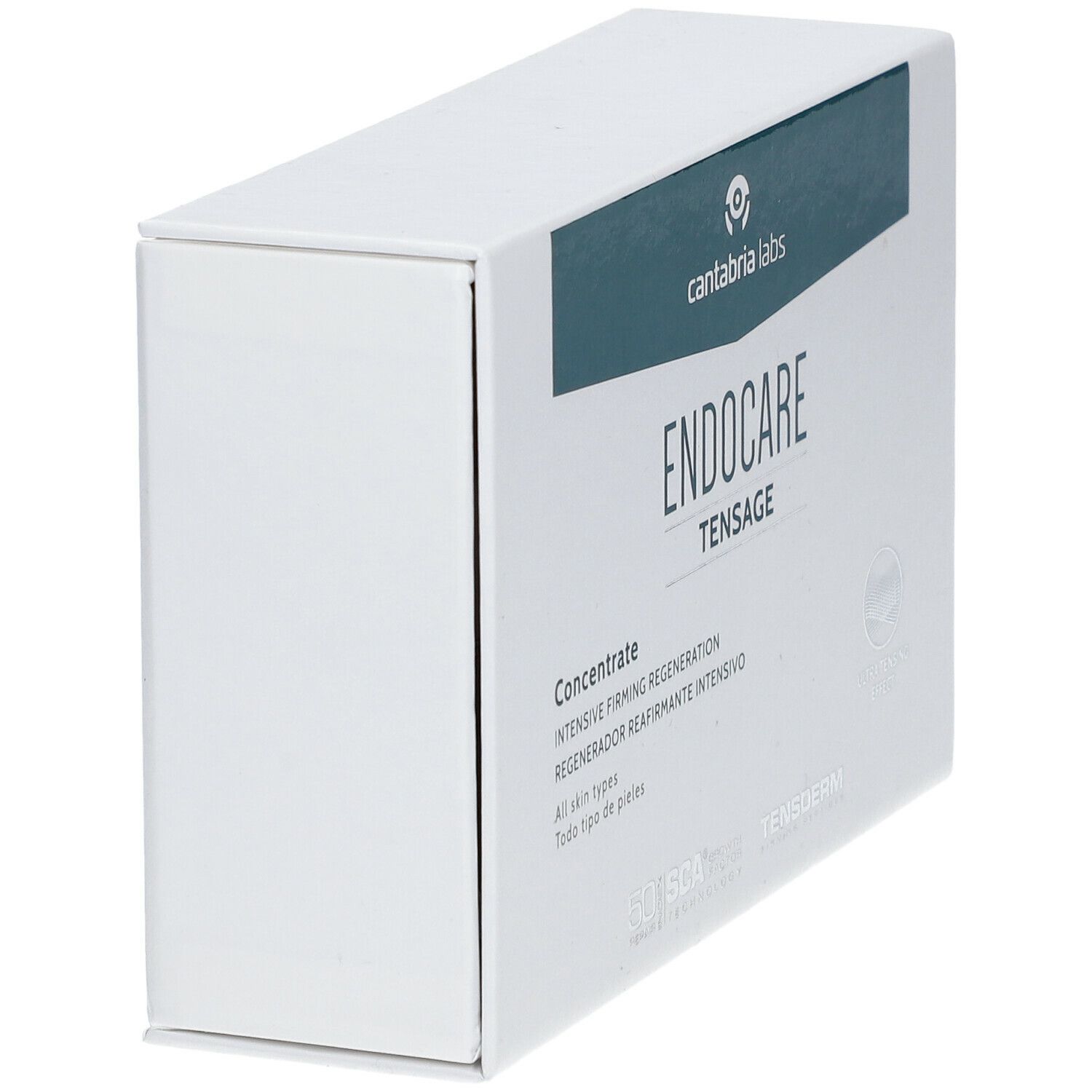 Weiße Schachtel mit blaugrünem Streifen. Auf der Schachtel steht "ENDOCARE tensage Concentrate" und "cantabria labs".