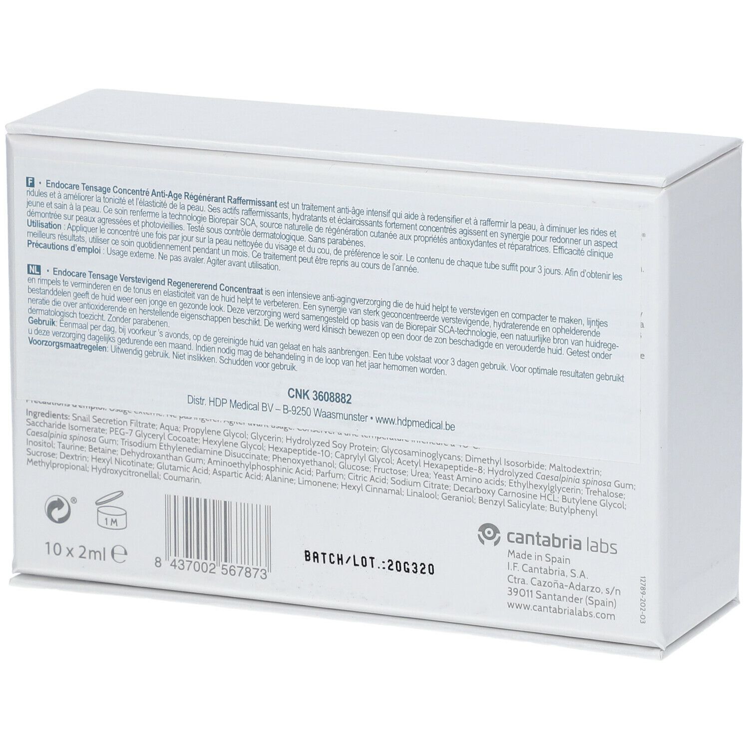 Rückseite einer weißen Schachtel mit Text. Enthält Informationen über das Produkt und Inhaltsstoffe.