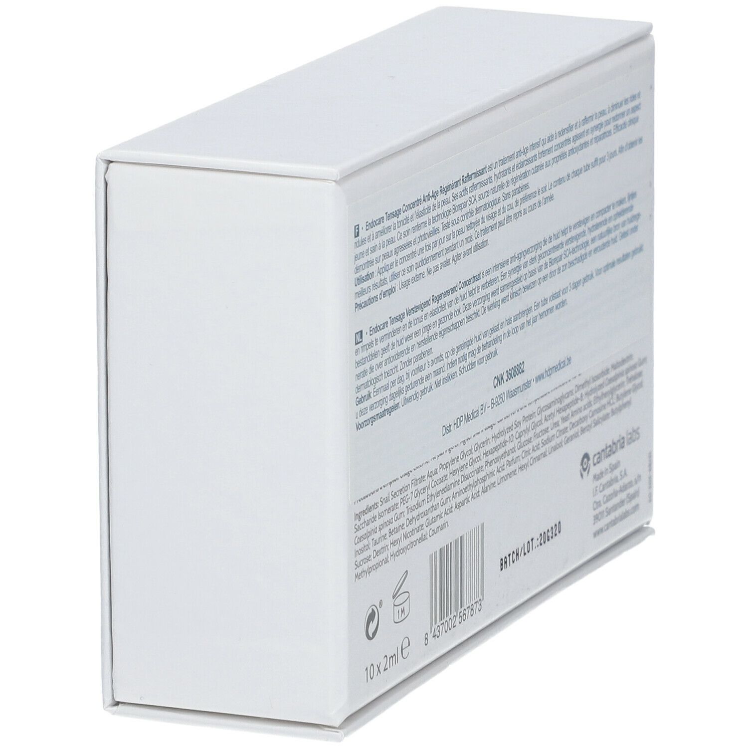 Rückseite einer weißen Schachtel mit Text. Enthält Informationen über das Produkt und Inhaltsstoffe.