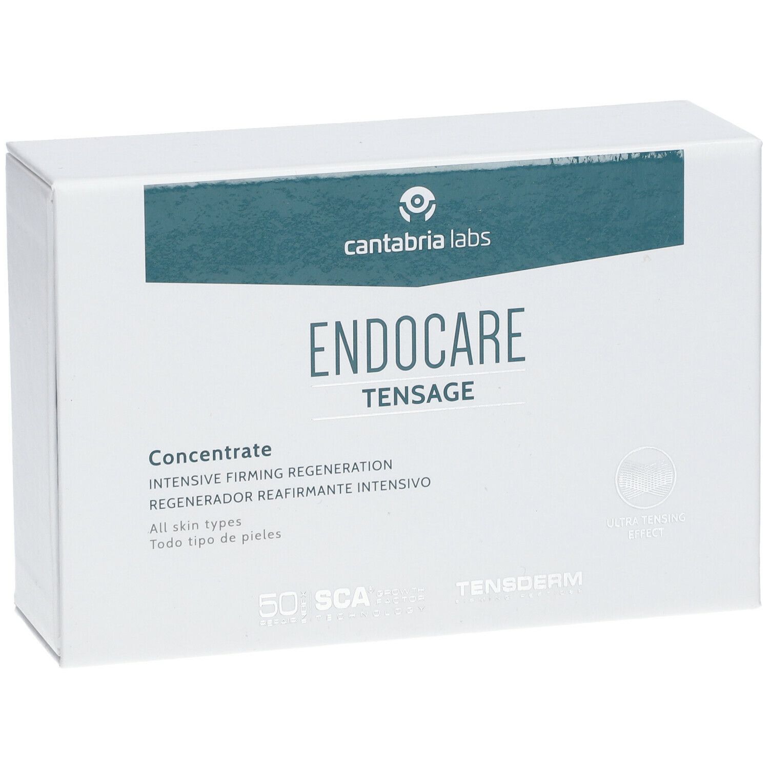 Weiße Schachtel mit blaugrünem Streifen. Auf der Schachtel steht "ENDOCARE tensage Concentrate" und "cantabria labs".