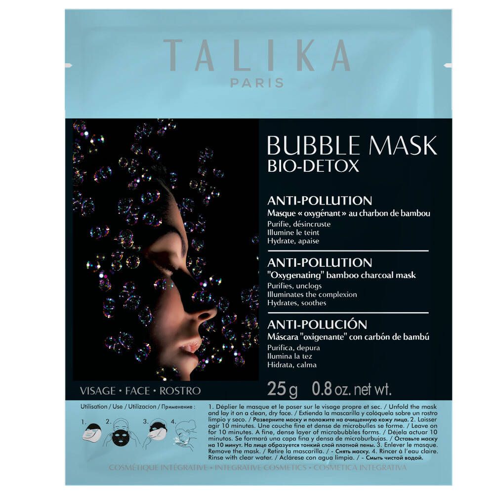 Dos du sachet TALIKA Bubble Mask Bio-Detox. Texte multilingue, ingrédients et code-barres.