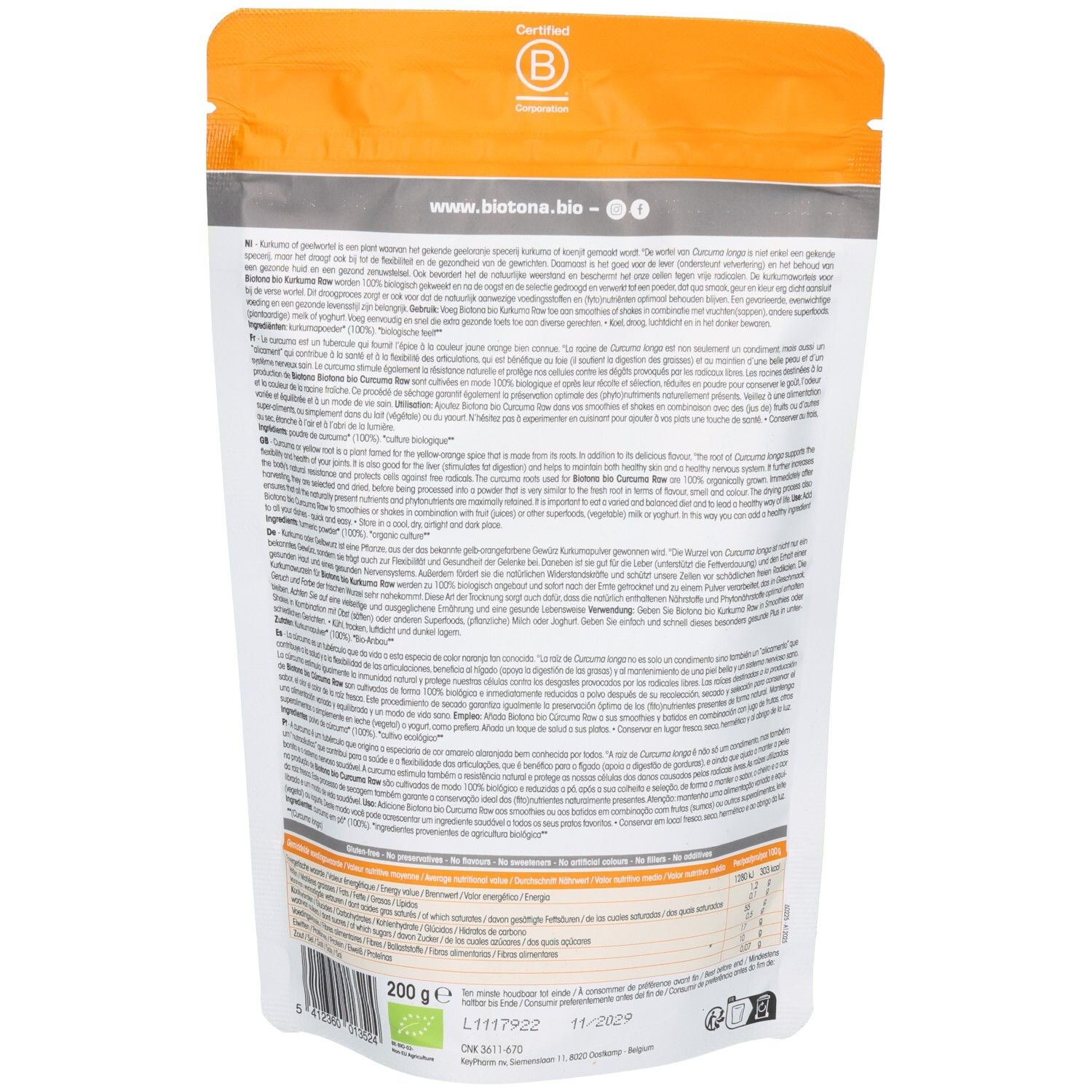 Rückseite eines Beutels Biotona Bio rohes Kurkumapulver mit Produktinformationen.
