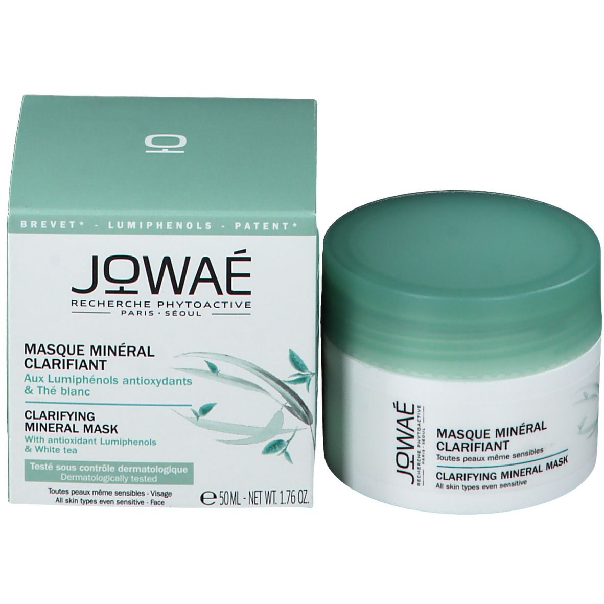 Emballage produit avec pot et carton. Inscription: JOWAE, Masque Minéral Clarifiant, Clarifying Mineral Mask.