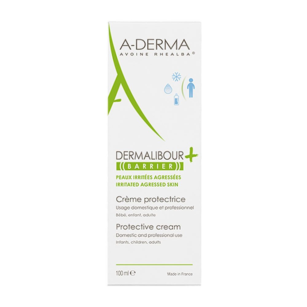 A-DERMA DERMALIBOUR+ Creme-Verpackung. Weißer Karton mit grünen Akzenten. Text: DERMALIBOUR+, Creme protectrice, für irritierte Haut.