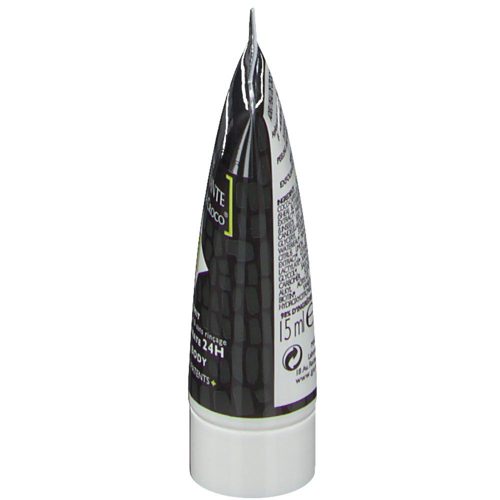 Tube de crème, noir et blanc, avec informations produit et ingrédients. 15 ml.