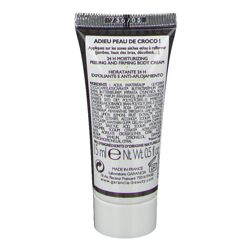 Dos du tube de crème avec texte et ingrédients. 15 ml.