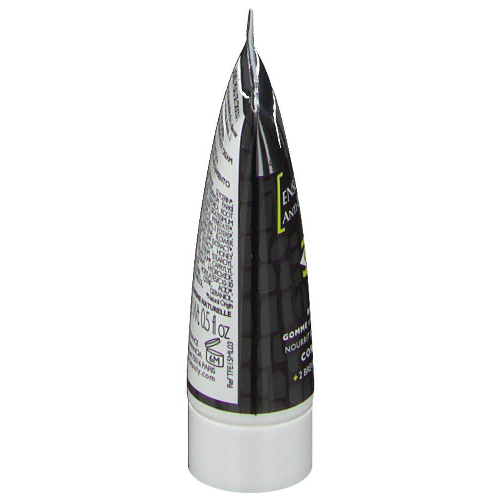 Tube de crème, noir et blanc, avec informations produit et ingrédients. 15 ml.