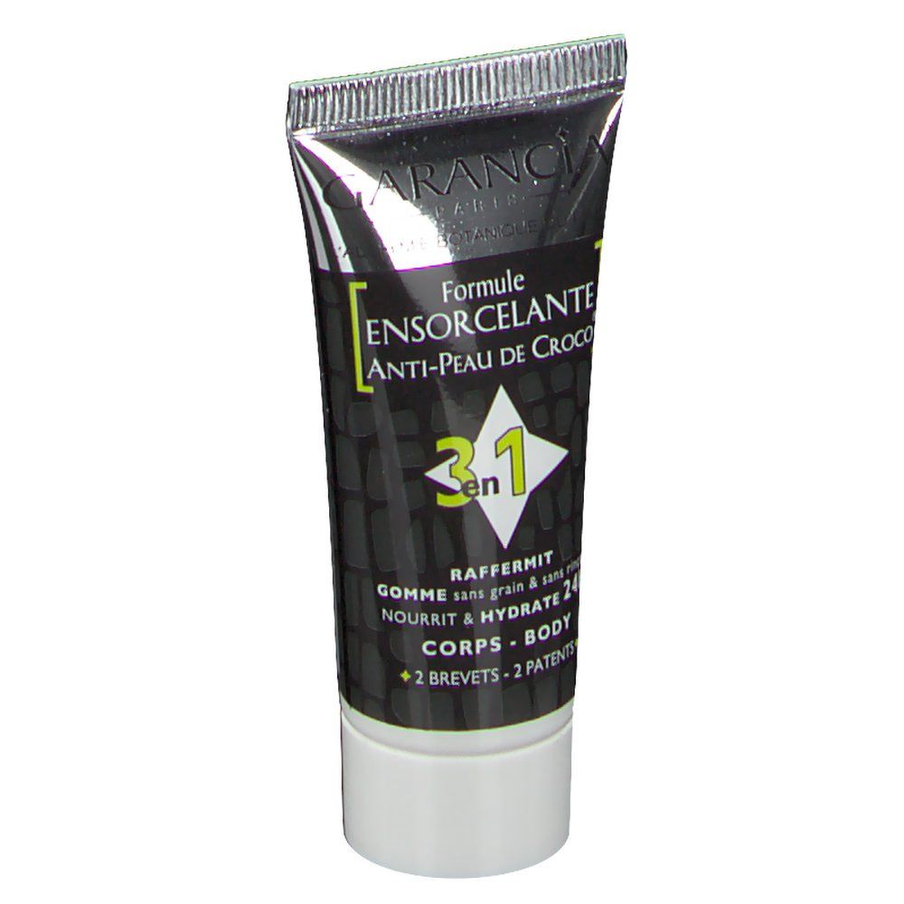 Tube de crème, noir et blanc, avec nom du produit et informations. 3-en-1.