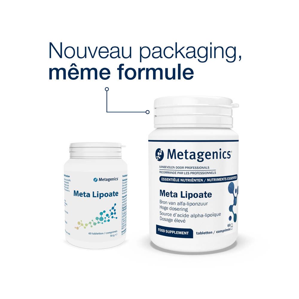 Deux flacons blancs de Meta Lipoate. Inscription: Nouveau packaging, même formule. Marque: Metagenics.