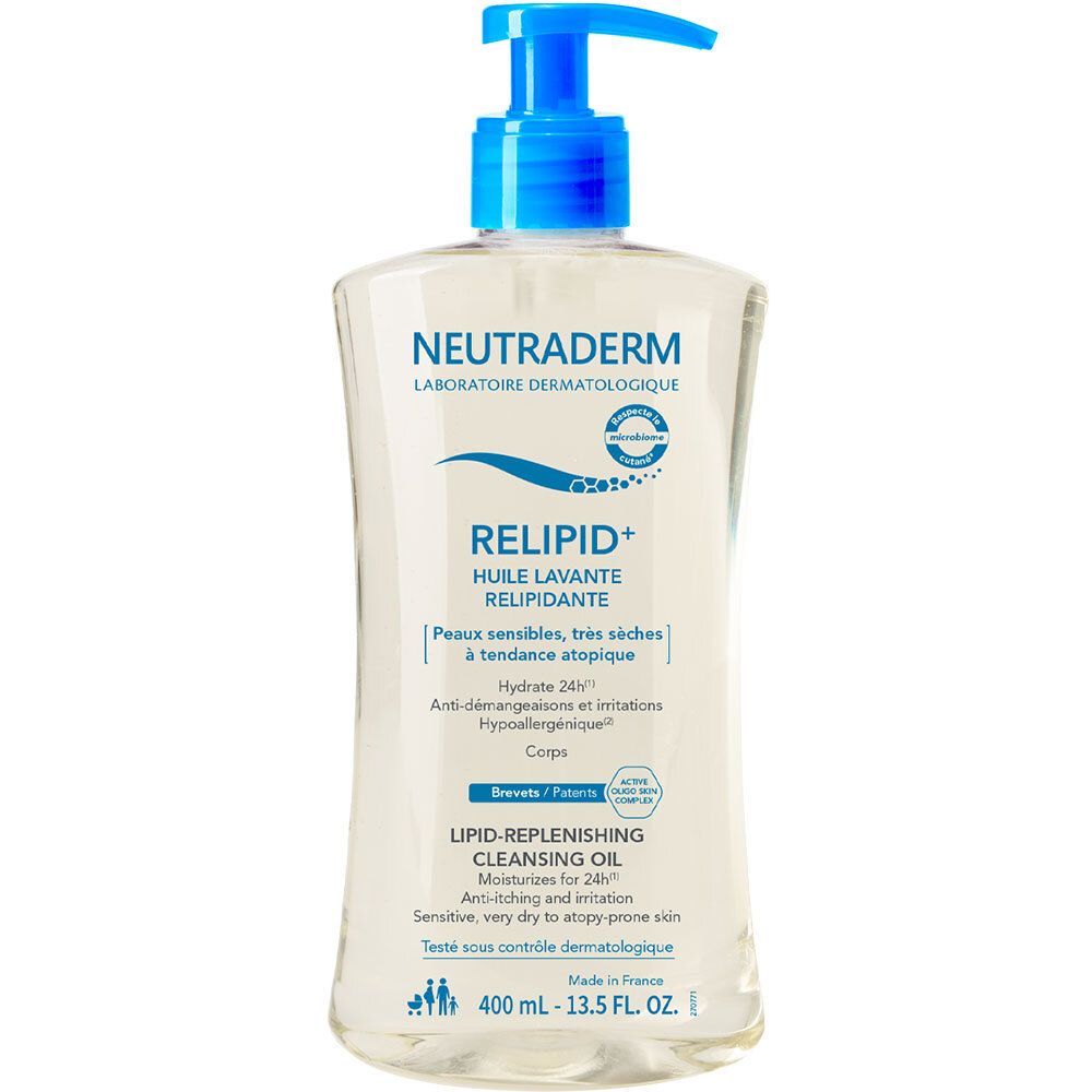 Flacon transparent avec pompe bleue. Inscription: Neutraderm Relipid+ Huile Lavante Relipidante. 400 ml.