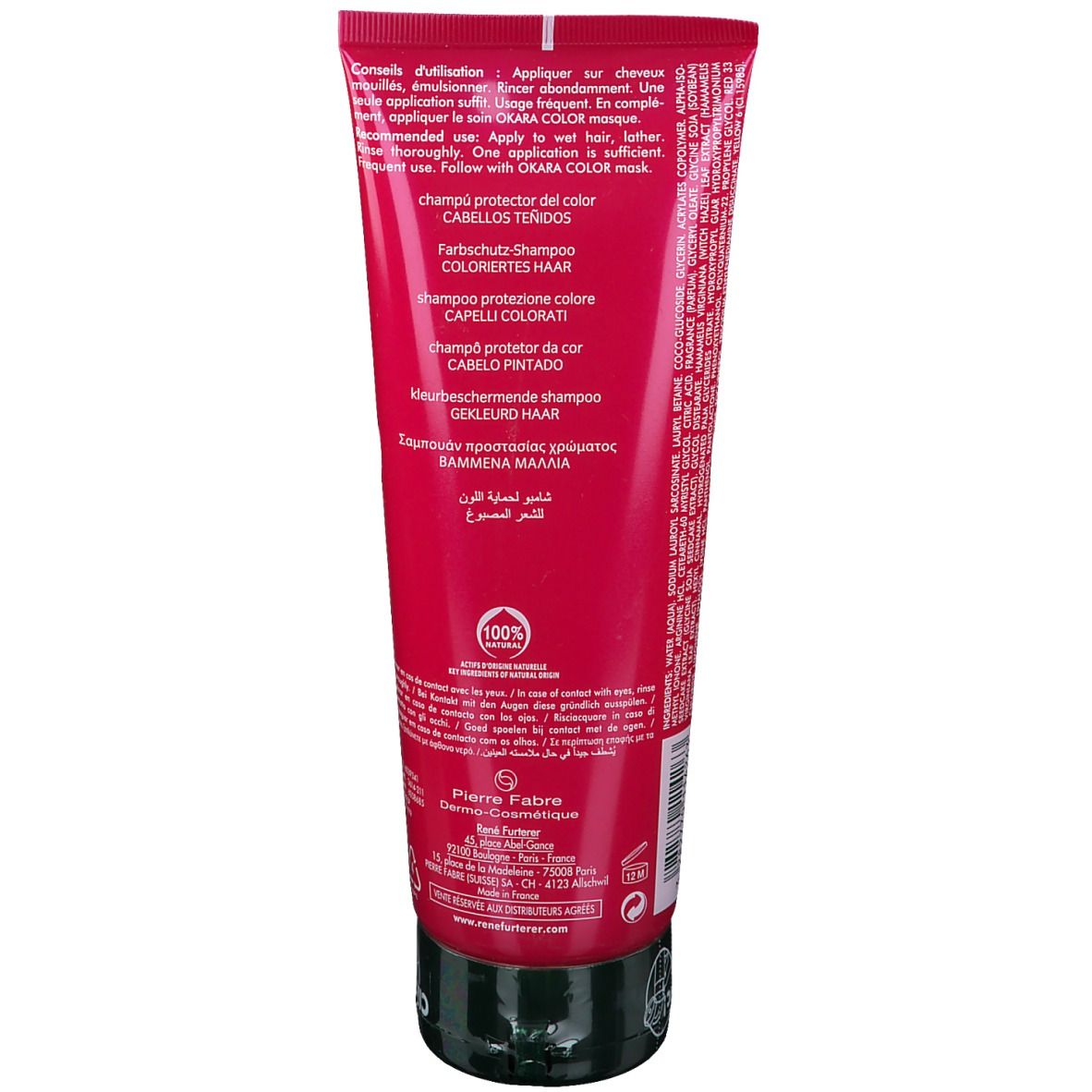 Tube rouge avec bouchon noir. Texte multilingue: Shampooing protecteur de couleur, Champú protector del color. Logo: Ingrédients 100% naturels.