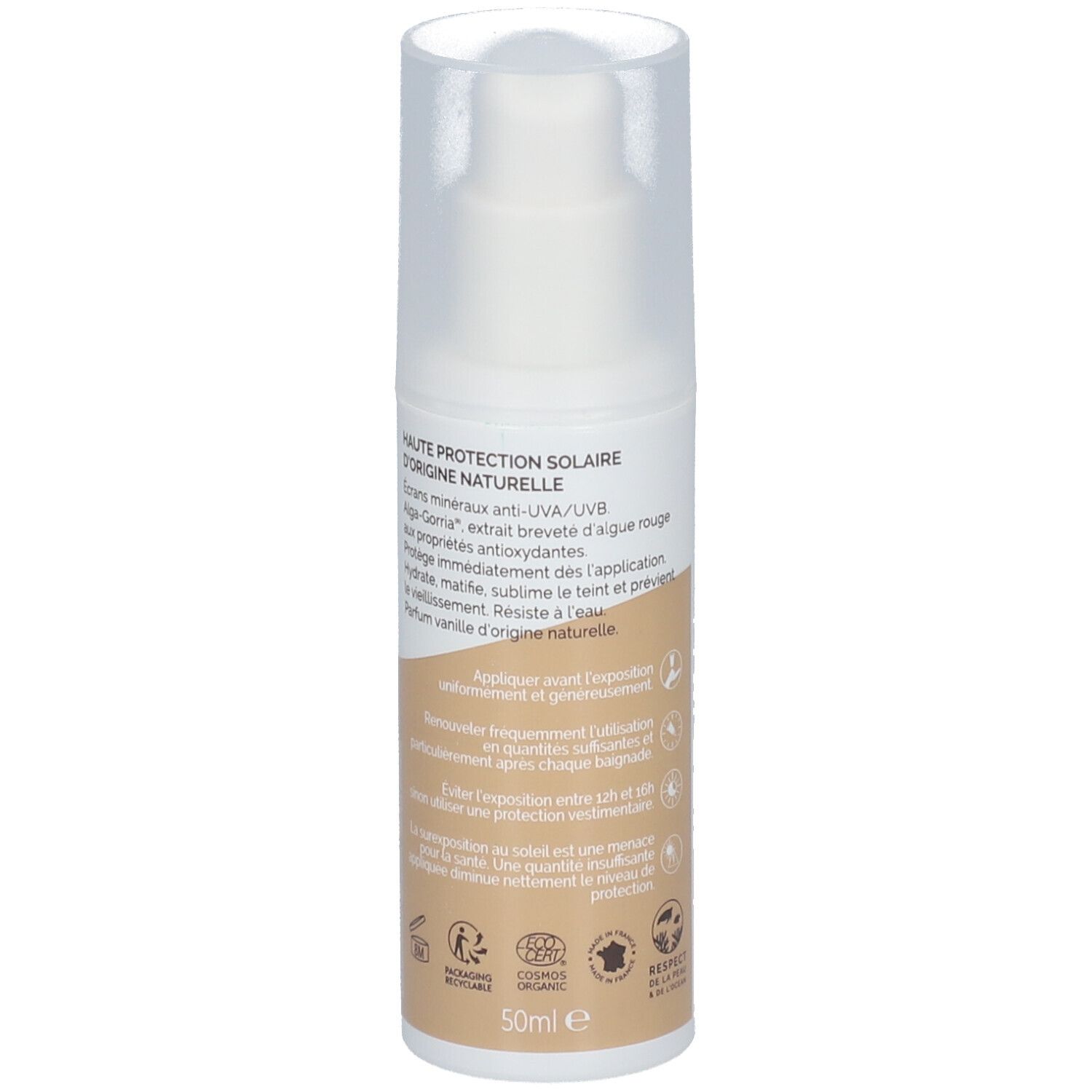 Flasche mit Pumpspender, 50ml, mit Aufdruck von Inhaltsstoffen und Zertifizierungen.