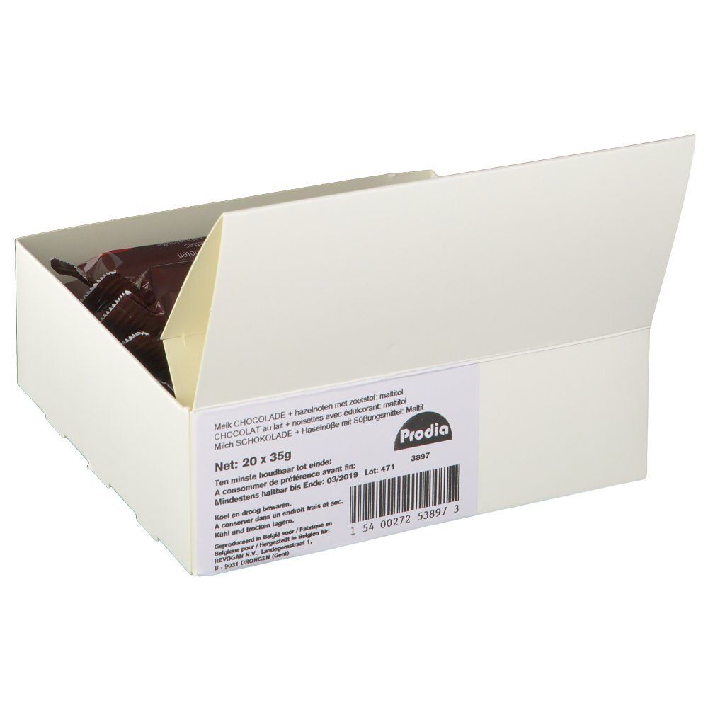 Geöffnete weiße Schachtel mit Schokoriegeln. Aufkleber mit Text und Barcode. Marke: Prodia.
