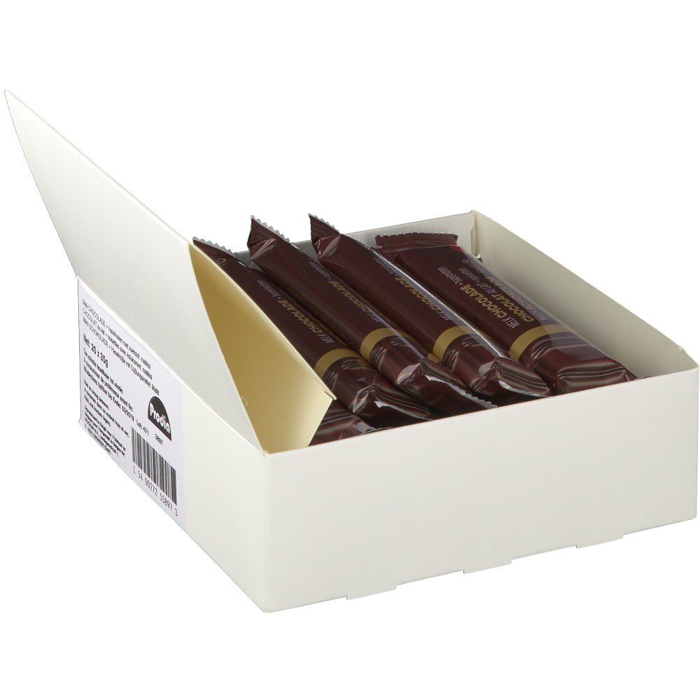 Geöffnete weiße Schachtel mit Schokoriegeln in brauner Verpackung. Marke: Prodia.