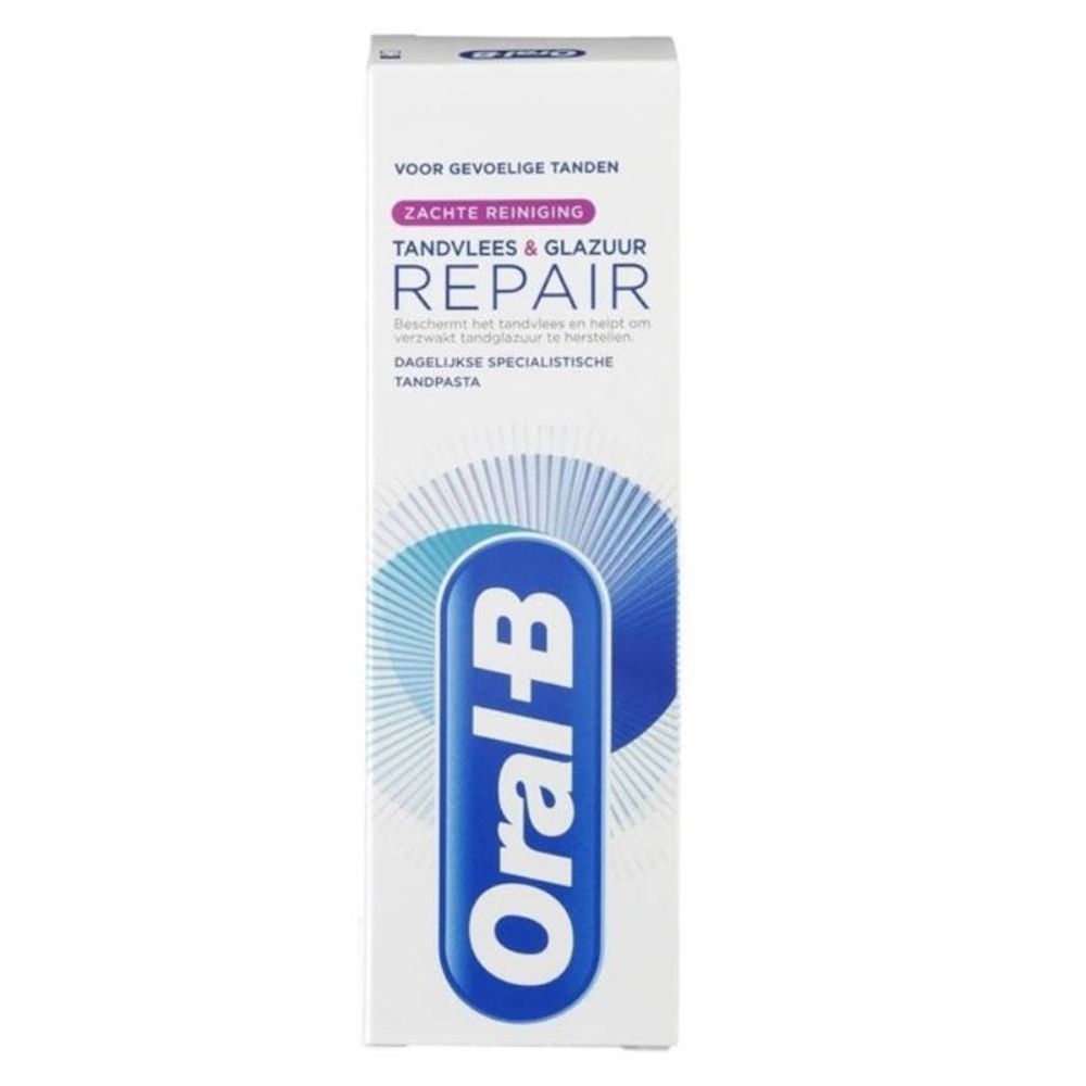 Zahnpasta-Tube. Weiß, mit blauem Logo und Text. "Tandvlees & Glazuur Repair" und "Oral-B" sichtbar.