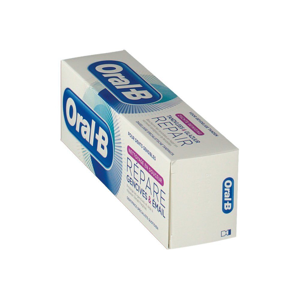 Zahnpasta-Verpackung. Weiß, mit blauem Logo und Text. "Tandvlees & Glazuur Repair" und "Oral-B" sichtbar.