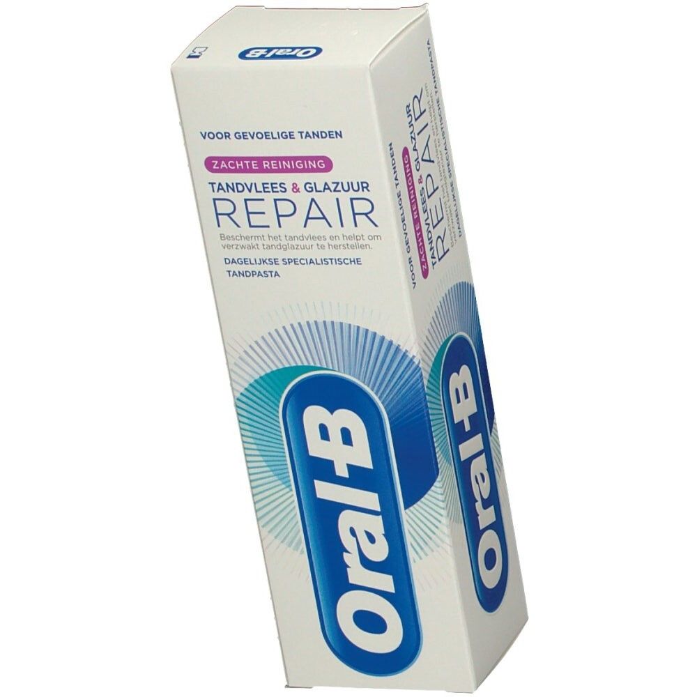 Zahnpasta-Verpackung. Weiß, mit blauem Logo und Text. "Tandvlees & Glazuur Repair" und "Oral-B" sichtbar.