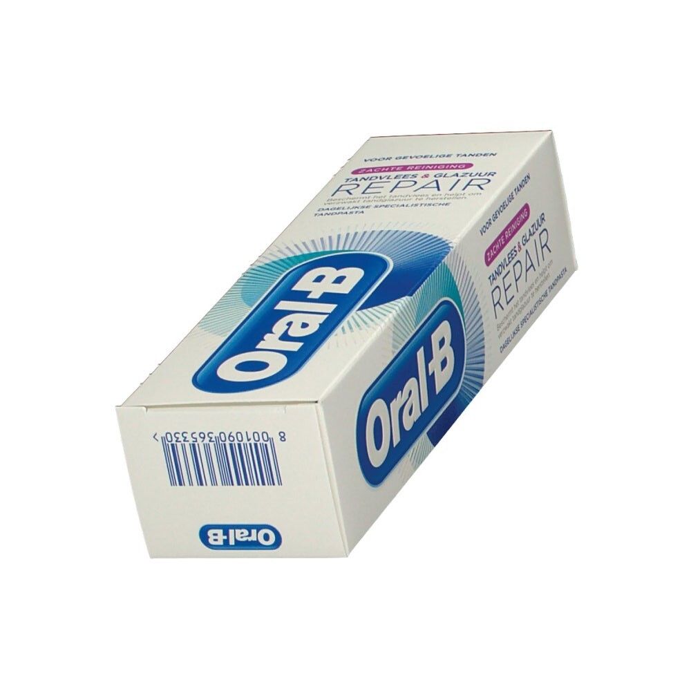 Zahnpasta-Verpackung. Weiß, mit blauem Logo und Text. "Tandvlees & Glazuur Repair" und "Oral-B" sichtbar.
