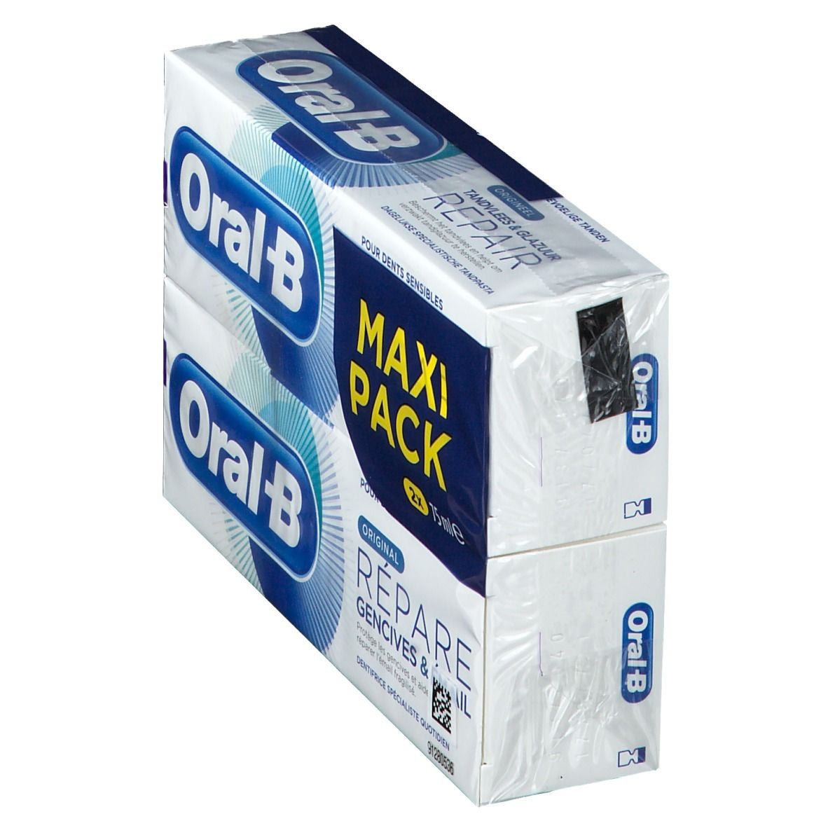 Zwei Packungen Zahnpasta, verpackt in Folie. Aufdruck: Oral-B, Maxi Pack, Repariert Zahnfleisch & Email.