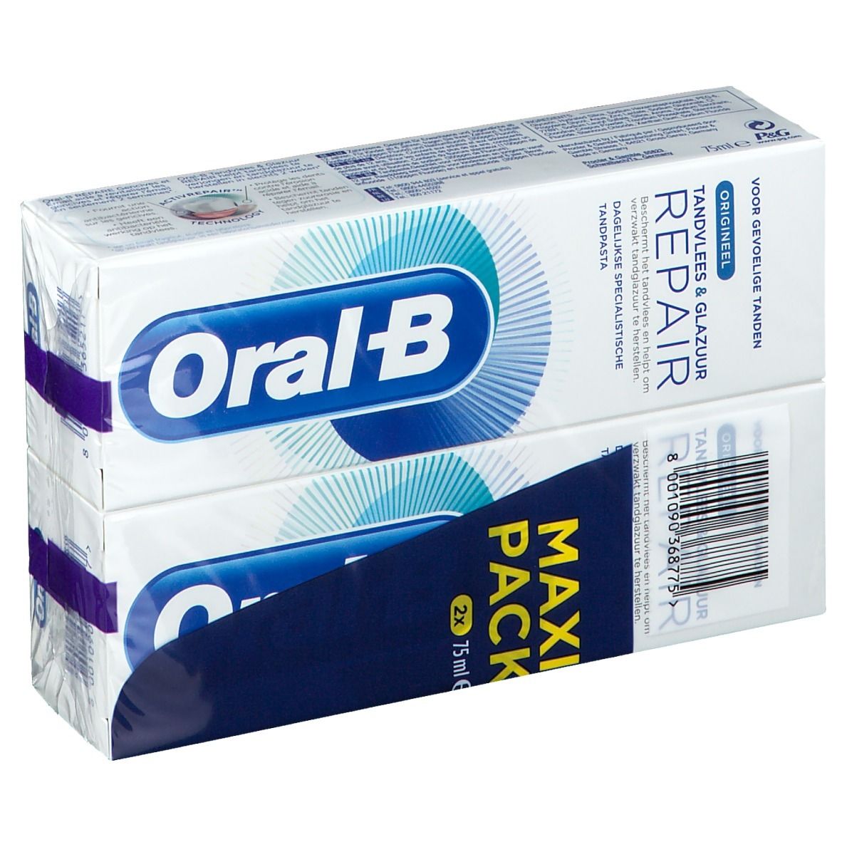Zwei Packungen Zahnpasta, verpackt. Aufdruck: Oral-B, Maxi Pack, Repariert Zahnfleisch & Email. Für empfindliche Zähne.