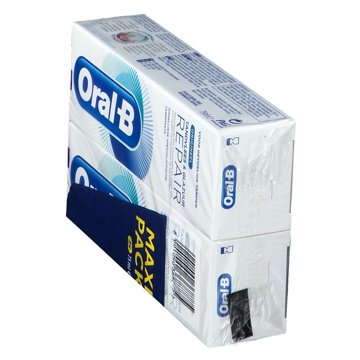 Zwei Packungen Zahnpasta, verpackt. Aufdruck: Oral-B, Maxi Pack, Repariert Zahnfleisch & Email. Für empfindliche Zähne.