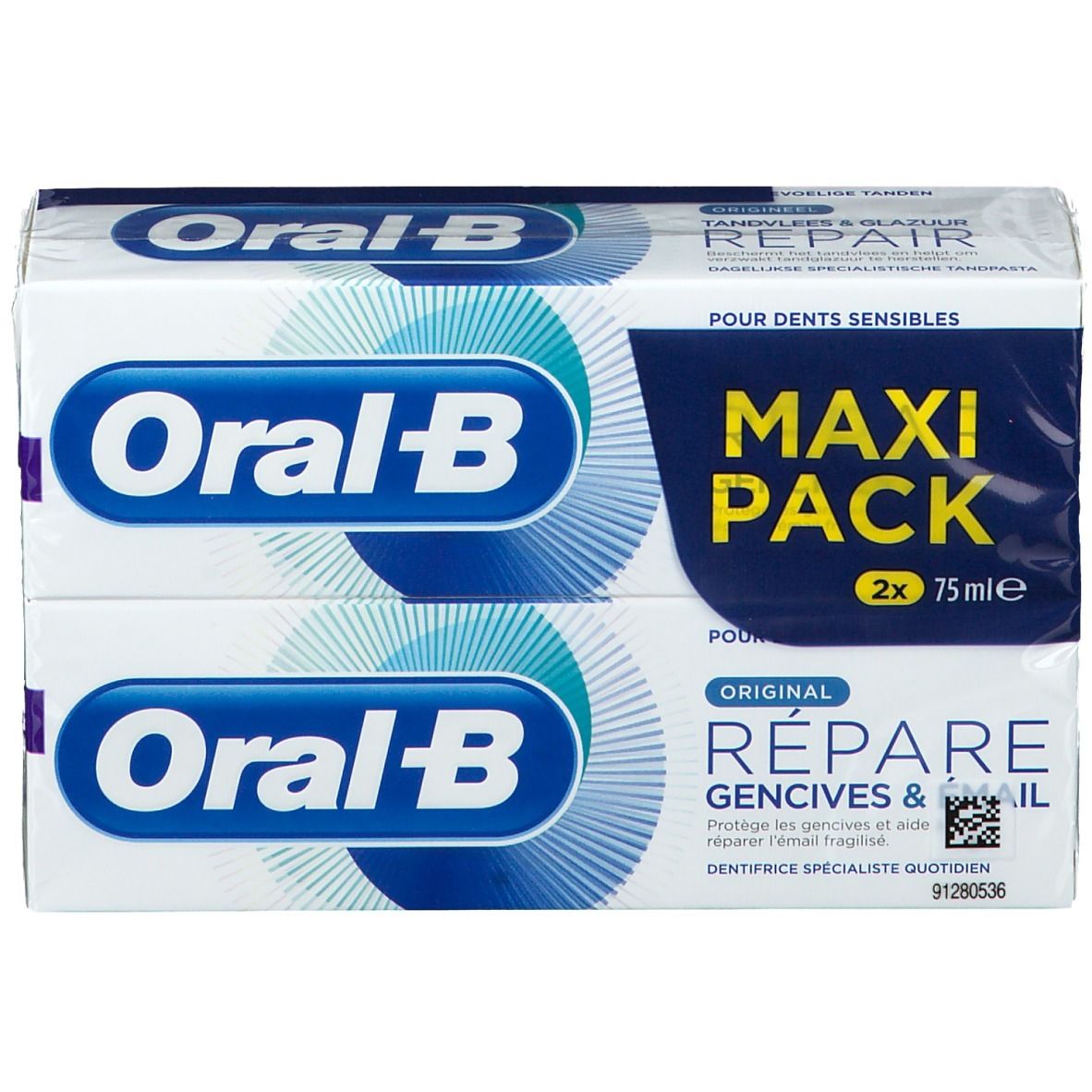 Zwei Packungen Zahnpasta, verpackt. Aufdruck: Oral-B, Maxi Pack, Repariert Zahnfleisch & Email. Für empfindliche Zähne.