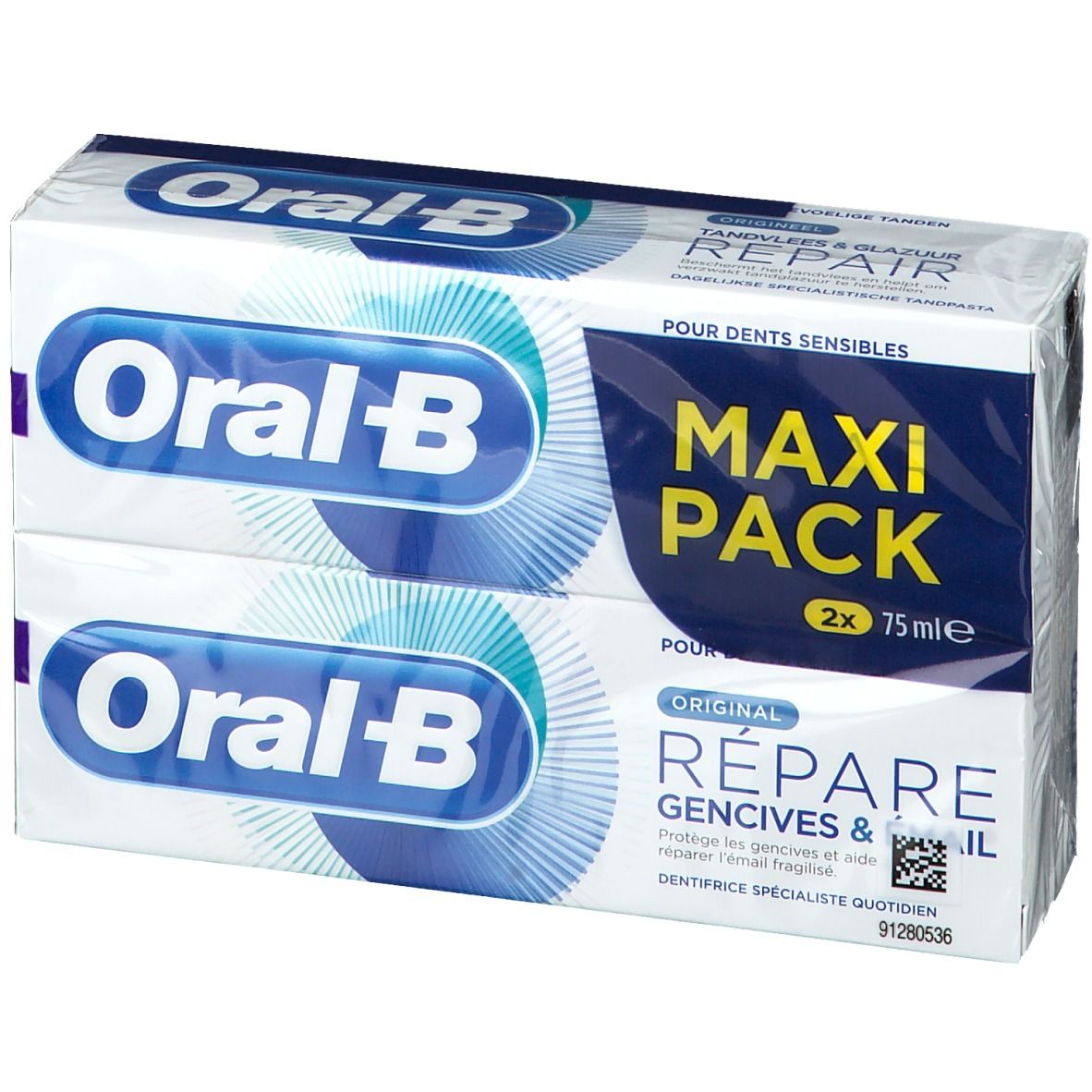 Zwei Packungen Zahnpasta, verpackt. Aufdruck: Oral-B, Maxi Pack, Repariert Zahnfleisch & Email. Für empfindliche Zähne.