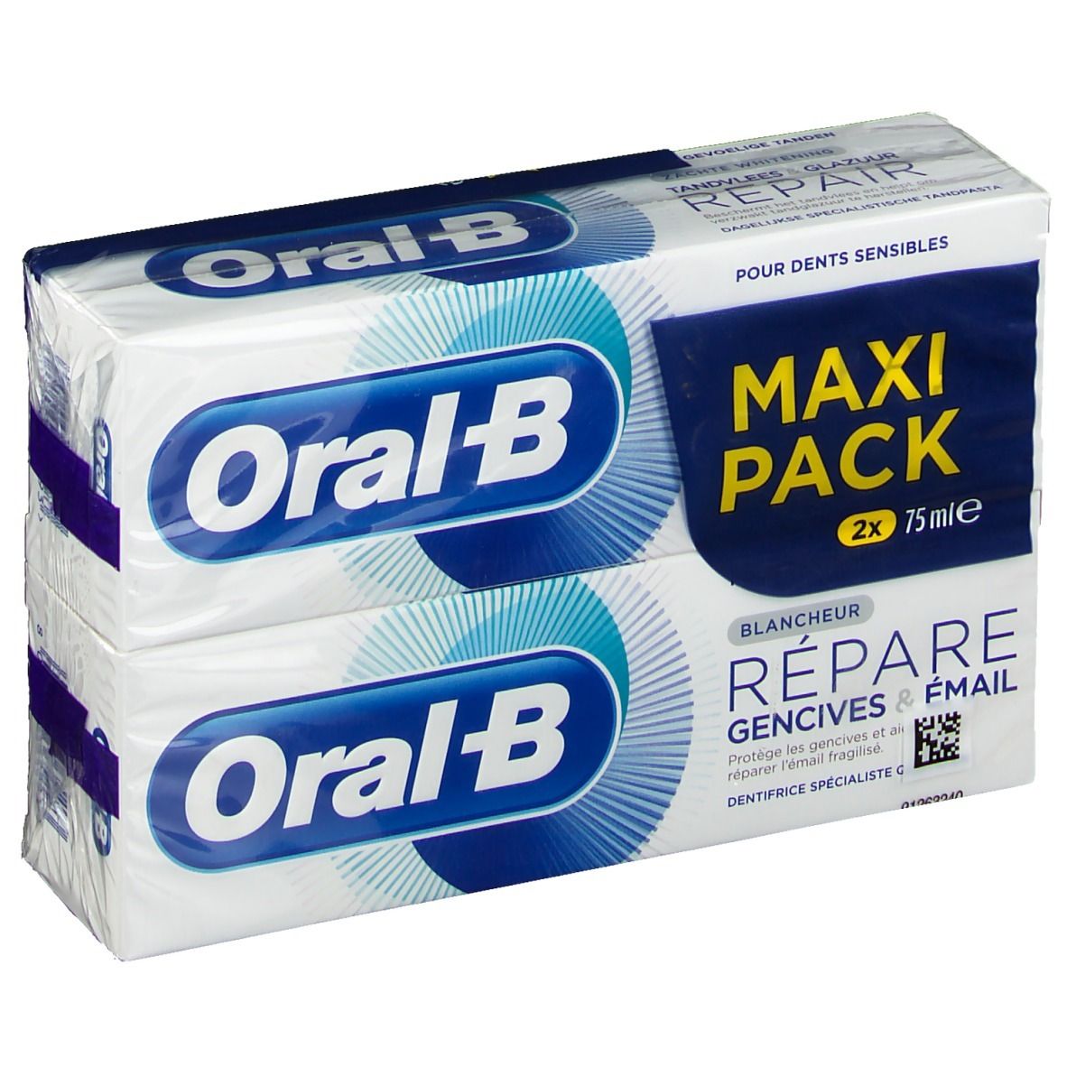 Zwei Packungen Zahnpasta in weißer Verpackung. Aufdruck: Oral-B, Maxi Pack, Repariert Zahnfleisch & Email.