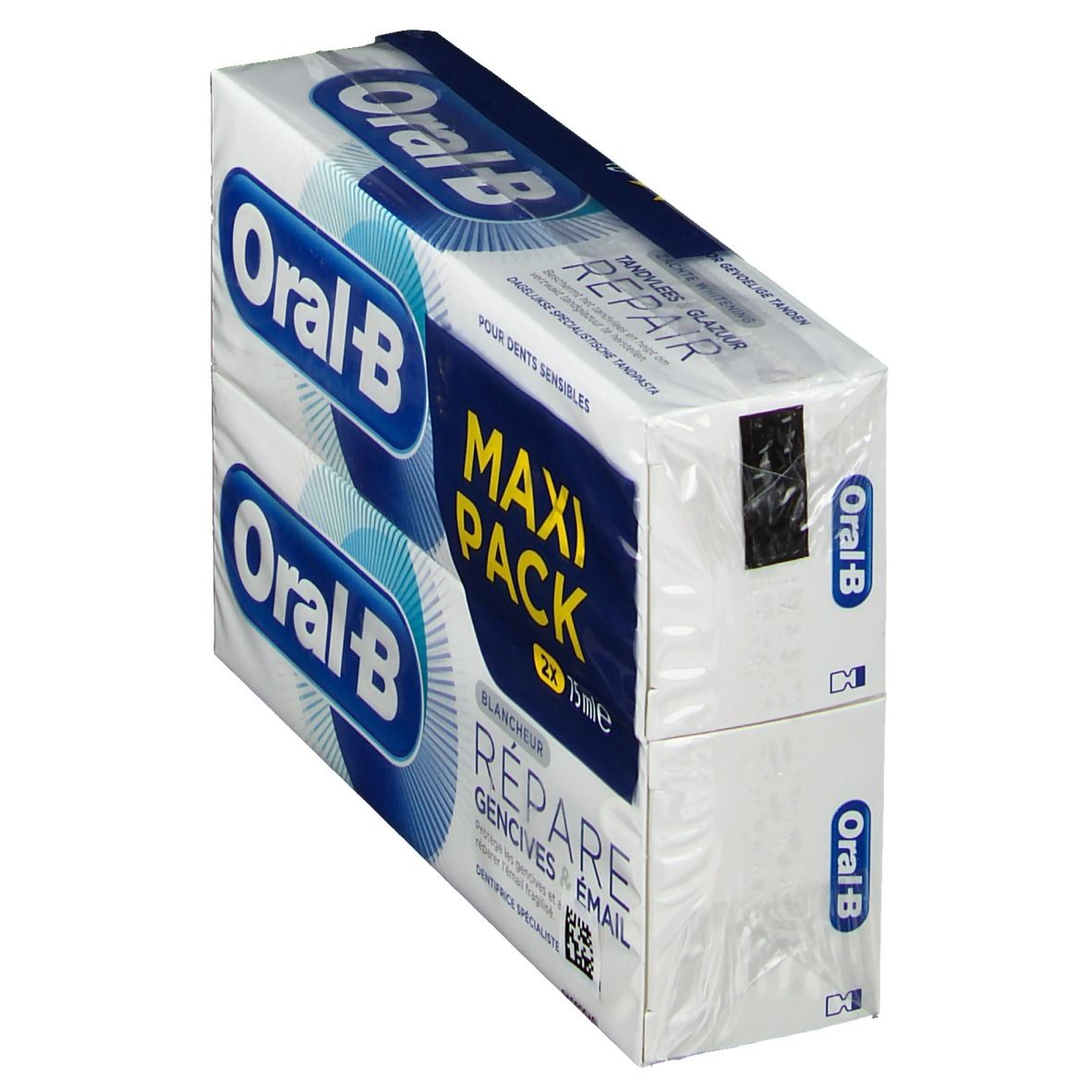 Zwei Packungen Zahnpasta in weißer Verpackung. Aufdruck: Oral-B, Maxi Pack, Repariert Zahnfleisch & Email.