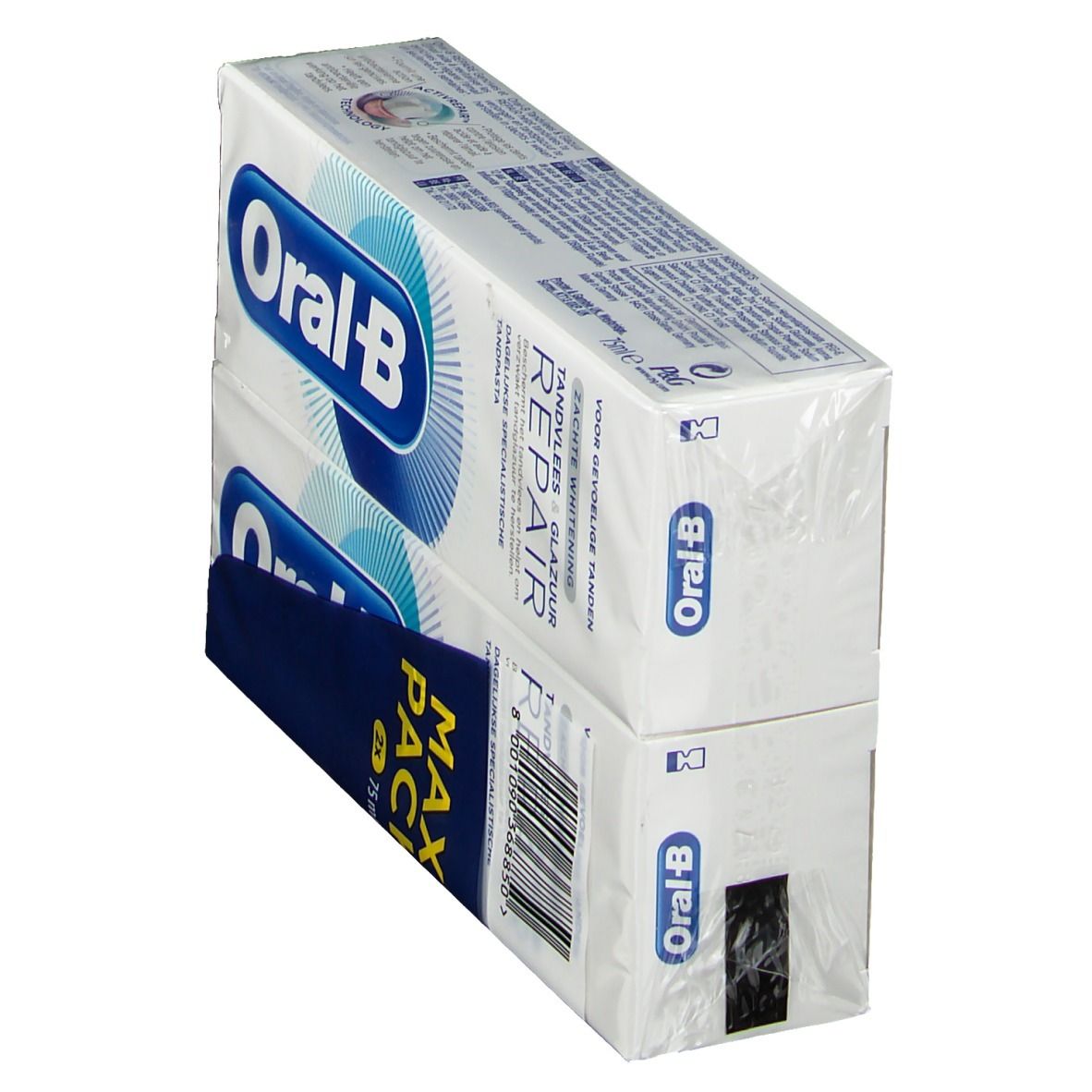 Zwei Packungen Zahnpasta in weißer Verpackung. Aufdruck: Oral-B, Maxi Pack, Repariert Zahnfleisch & Email.