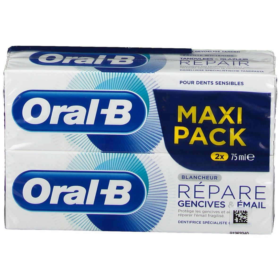 Zwei Packungen Zahnpasta in weißer Verpackung. Aufdruck: Oral-B, Maxi Pack, Repariert Zahnfleisch & Email.