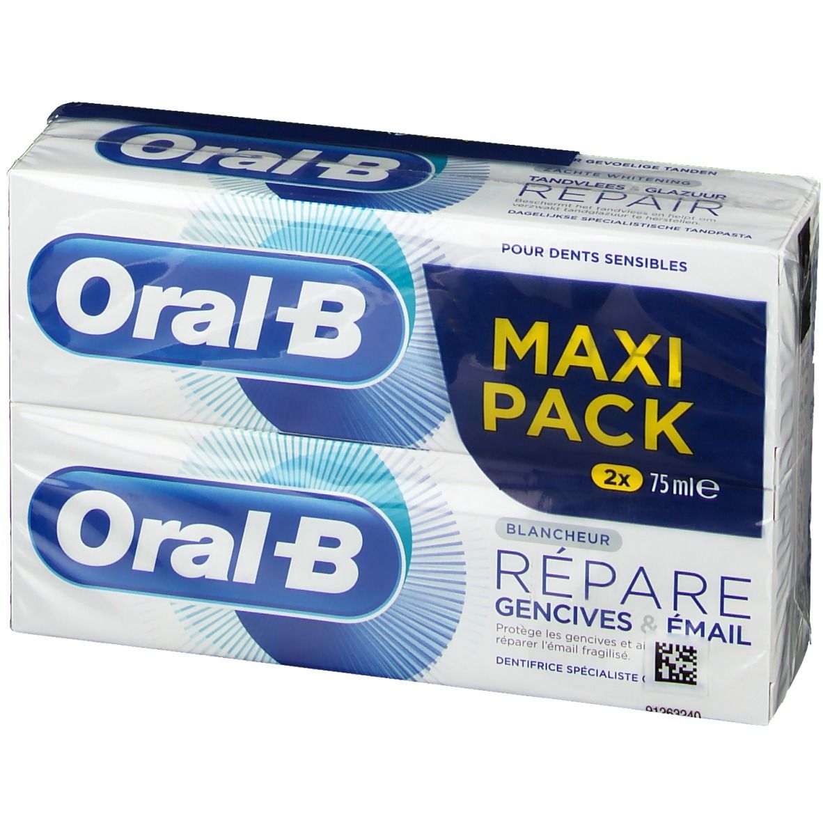 Zwei Packungen Zahnpasta in weißer Verpackung. Aufdruck: Oral-B, Maxi Pack, Repariert Zahnfleisch & Email.