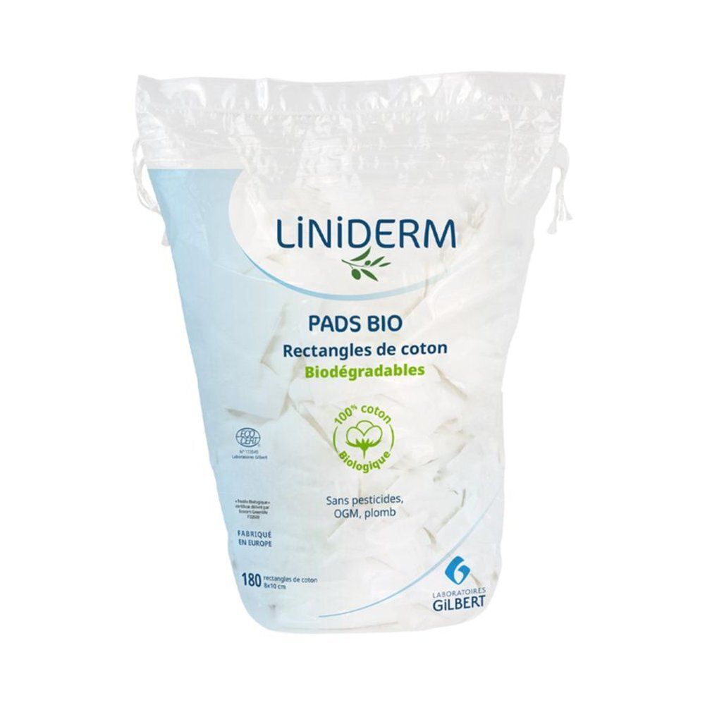 Paquet de pads en coton bio. Forme rectangulaire, biodégradable. Marque : Gilbert Laboratoires. 180 unités.