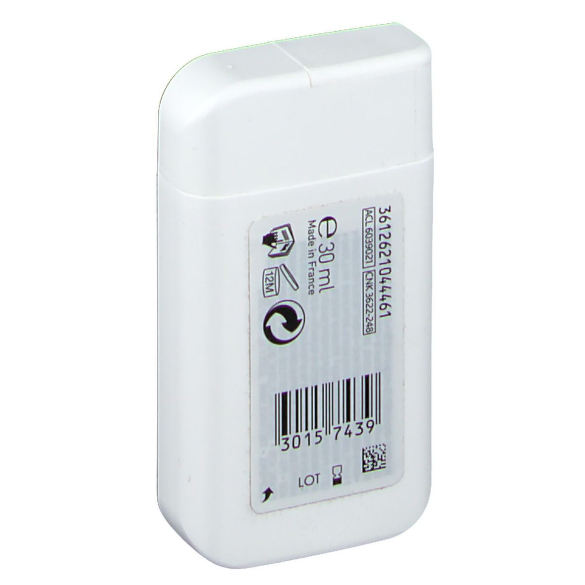 Weiße, rechteckige Flasche mit abgerundeter Kappe. Rückseite mit Barcode, Chargennummer und weiteren Symbolen. 30 ml.