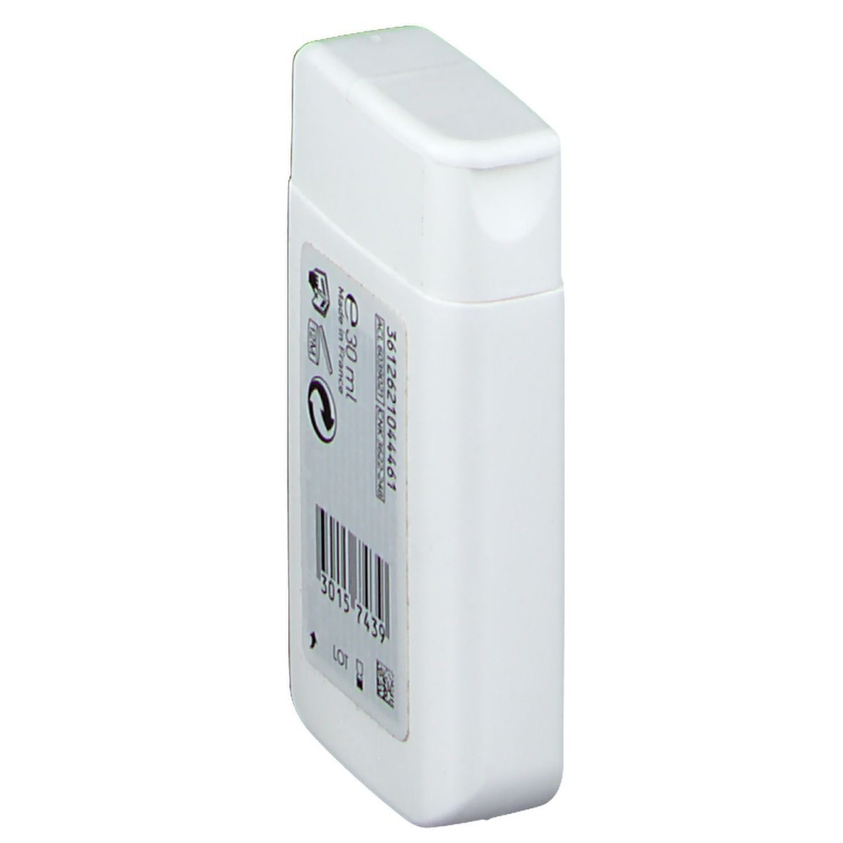 Weiße, rechteckige Flasche mit abgerundeter Kappe. Rückseite mit Barcode, Chargennummer und weiteren Symbolen. 30 ml.