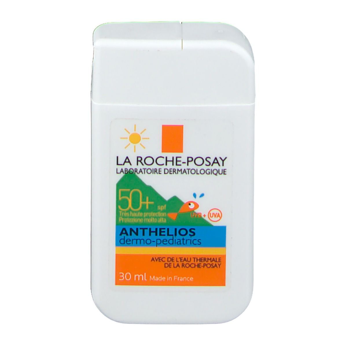 Weiße, rechteckige Flasche mit abgerundeter Kappe. Aufschrift: La Roche-Posay, Anthelios Dermo-Pediatrics SPF50+. 30 ml.