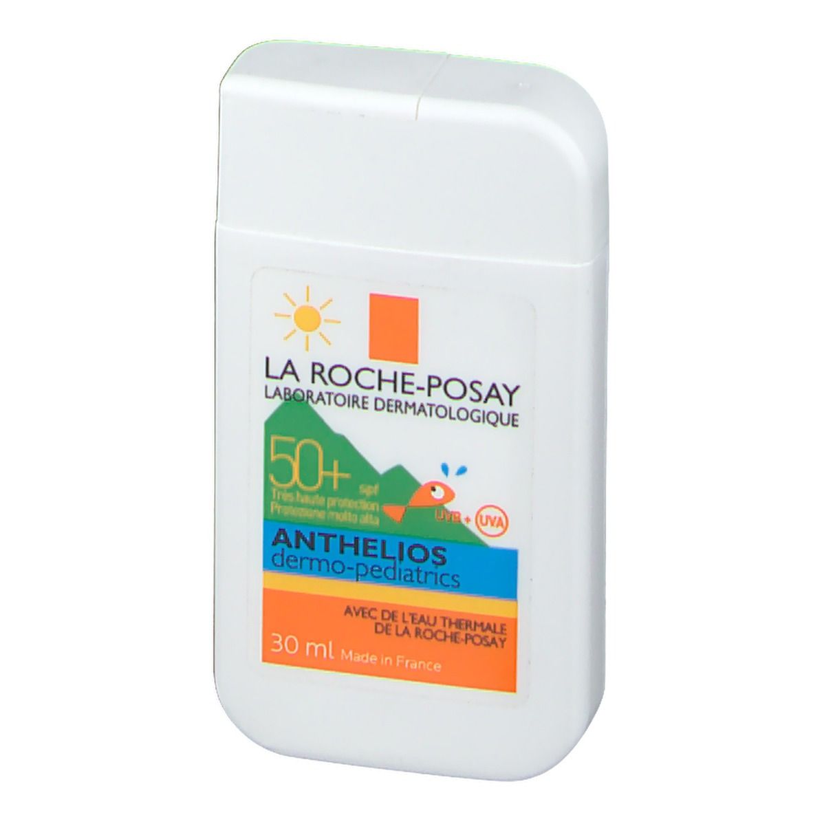 Weiße, rechteckige Flasche mit abgerundeter Kappe. Aufschrift: La Roche-Posay, Anthelios Dermo-Pediatrics SPF50+. 30 ml.