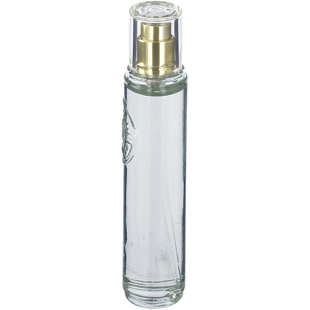 Zylindrische Glasflasche mit Sprühkopf. Klar, mit goldfarbenem Zerstäuber und durchsichtiger Kappe. Geprägtes Logo auf der Vorderseite.