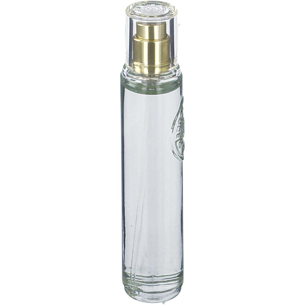Zylindrische Glasflasche mit Sprühkopf. Klar, mit goldfarbenem Zerstäuber und durchsichtiger Kappe. Geprägtes Logo auf der Vorderseite.