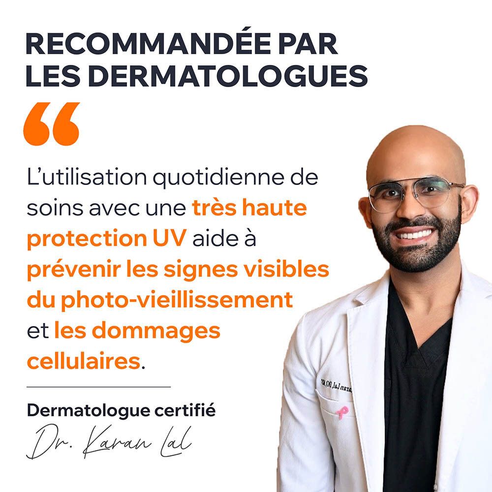 Texte sur fond blanc. Titre: Recommandée par les dermatologues.