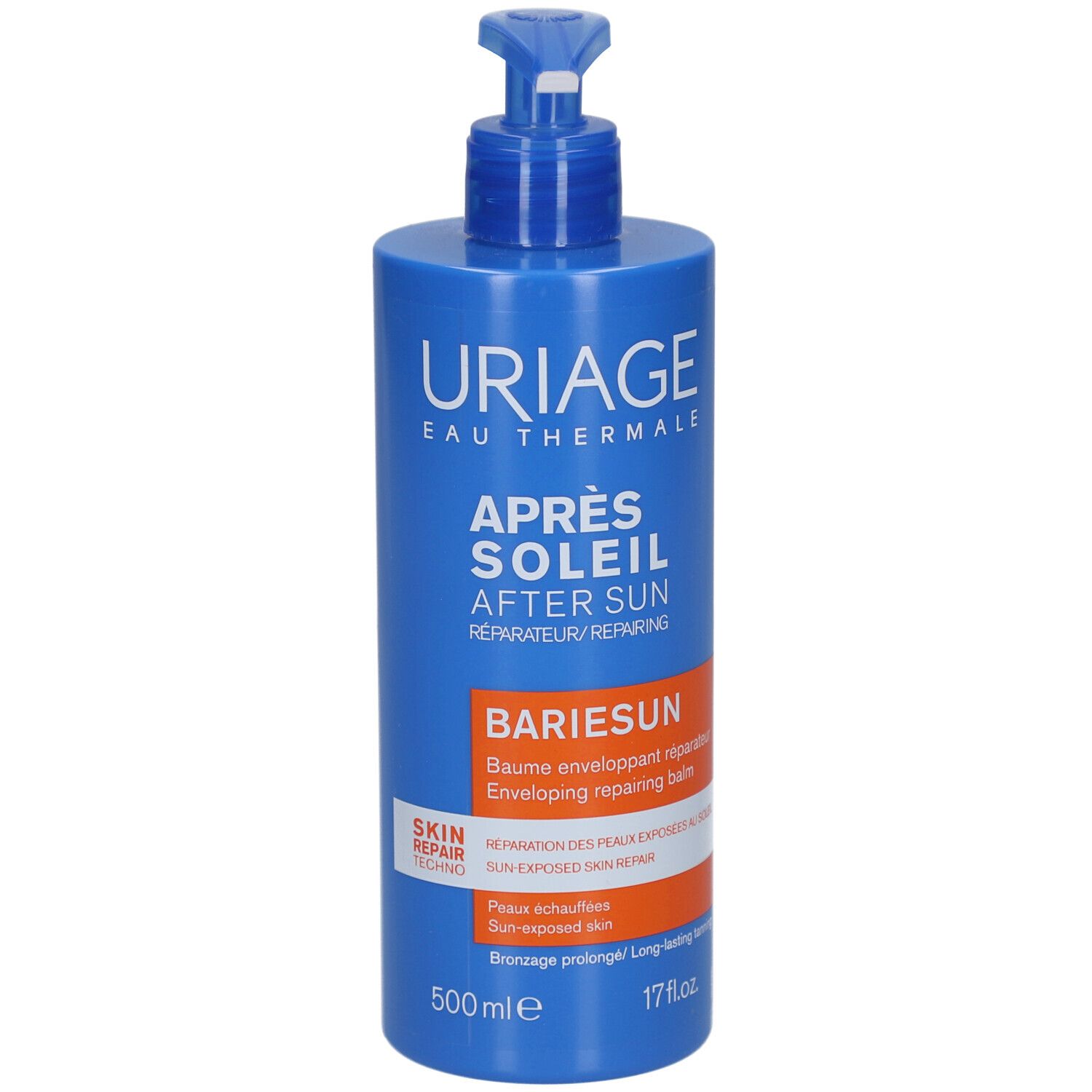 Blauwe Flasche mit Uriage Après Soleil After Sun. Text: Bariésun, Skin Repair Techno, 500 ml.