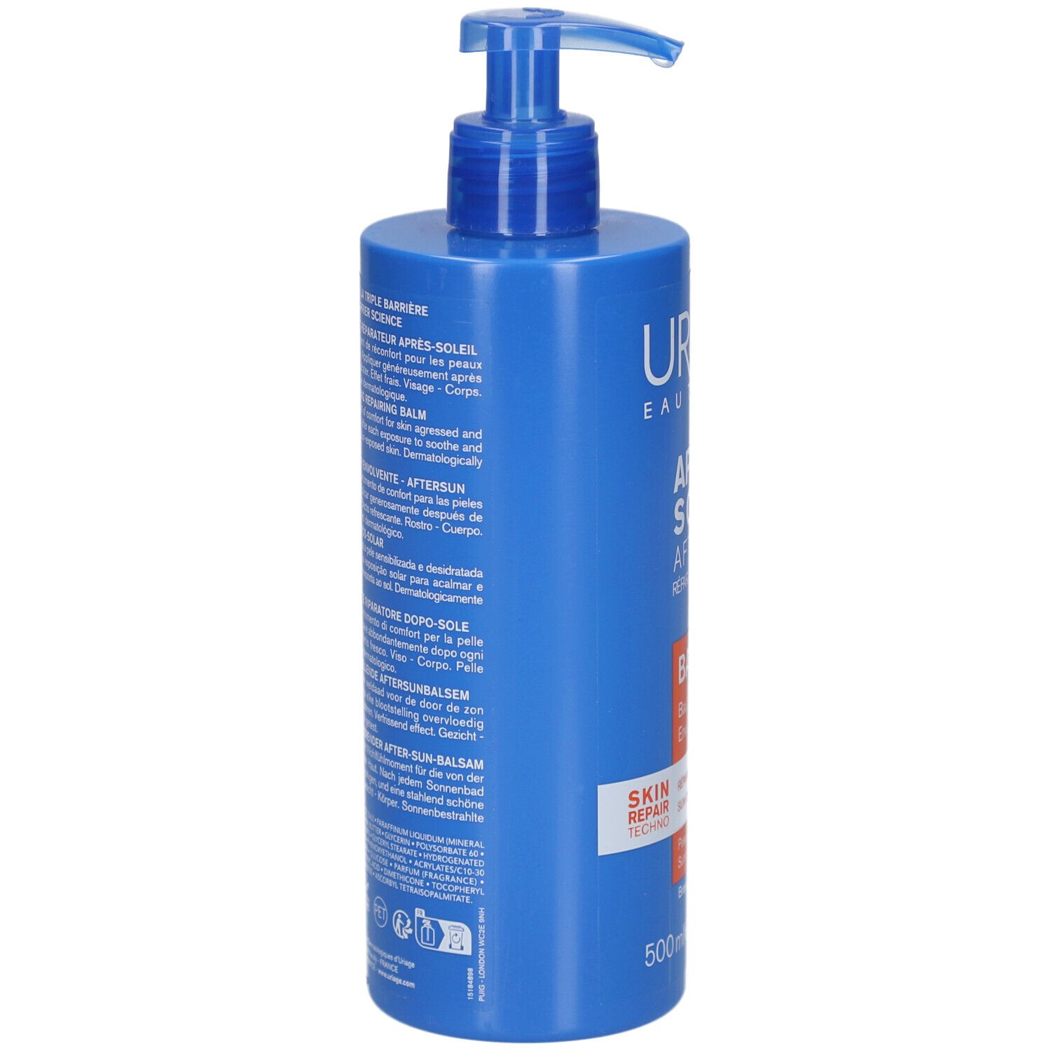 Blaue Flasche Uriage Après Soleil After Sun. Rückseite mit Text. Skin Repair Techno. 500 ml.