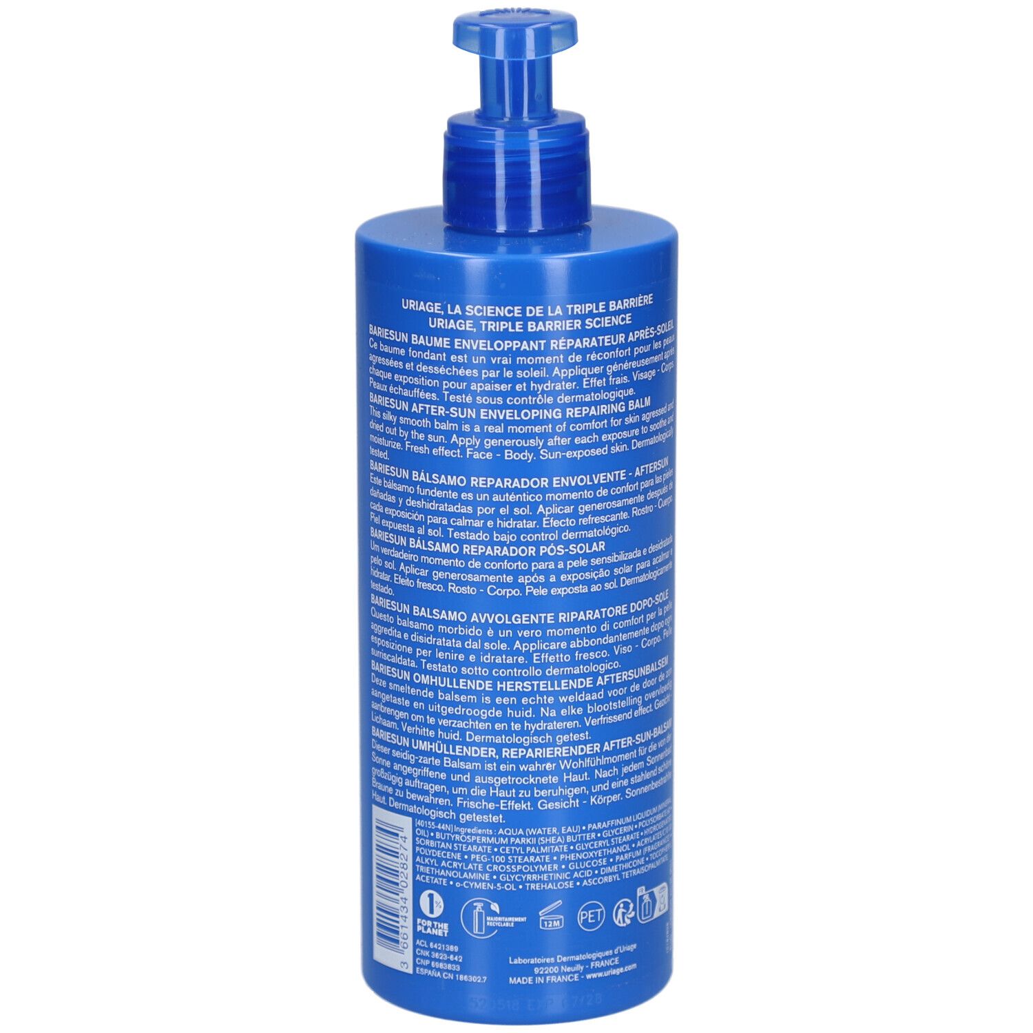 Blaue Flasche Uriage Après Soleil After Sun. Rückseite mit Text. 500 ml. Details.